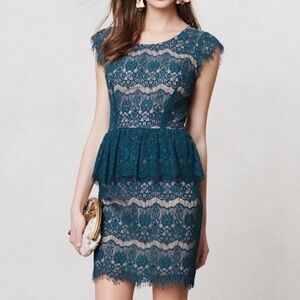 Anthropologie Maeve Women’s Elsa Lace Peplum Cap Sleeve Dress Teal Blue Green XS